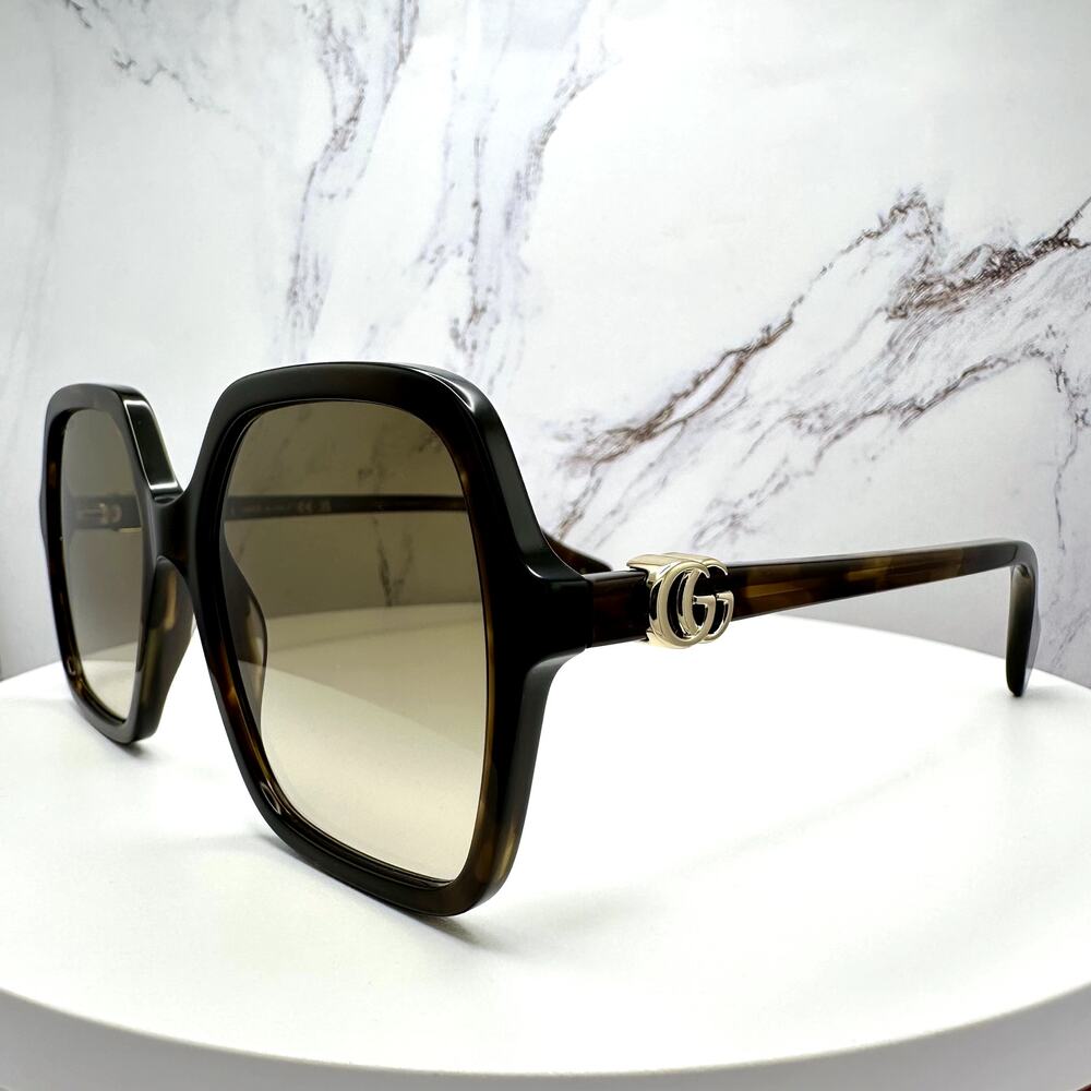 New GUCCI Sunglasses Brown Square Oversized Gold Metal GG Logo 56mm - Picture 6 of 16